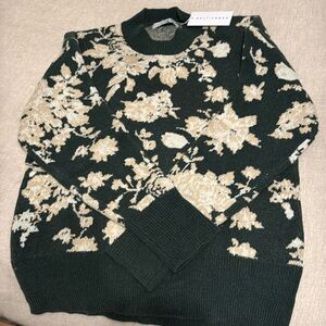 Hunter green and cream floral sweater